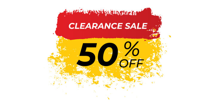 Red and yellow brush stroke background with text clearance sale and 50 percent off