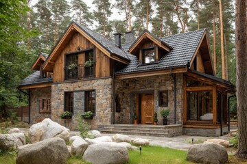 A charming log cabin house, constructed with sturdy stone and warm wood, is nestled in a picturesque forest area, enveloped by tall trees and scattered boulders.