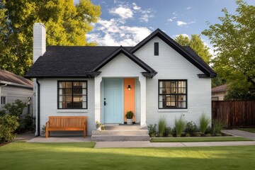 Obraz premium Bright simple house with a blue door and a bench in front, located in a residential area on a sunny day with some clouds in the sky