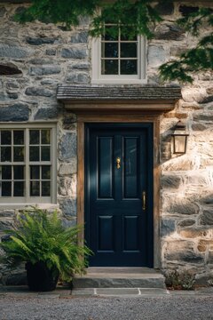 A charming red door welcomes visitors at the entrance of a lovely stone house, which features large windows and vibrant plants. It's a beautiful sunny day in this peaceful neighborhood