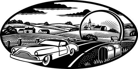 Vintage Countryside Drive in Classic Car at Sunrise