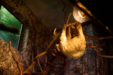 Two-toed sloth hanging from a branch under a heat lamp in a tropical wildlife park © JaviJfotografo