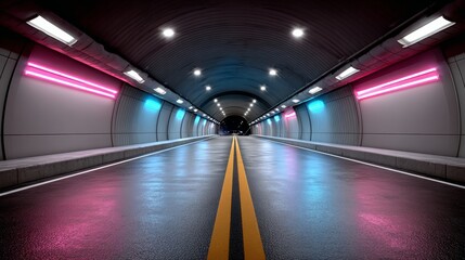 A tunnel with neon lights and a road with a yellow line. The tunnel is dark and the lights are bright