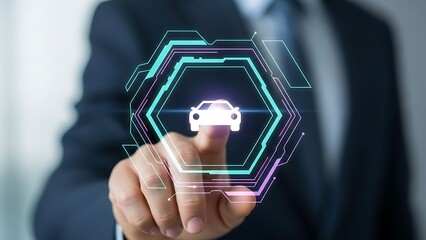 Businessman interacting with futuristic car interface technology