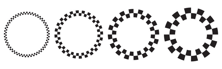 Set of round frames with black and white checkered print. Vignettes with race flag or chessboard pattern. Circular geometric frameworks. Vector graphic illistration