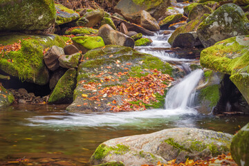 Creek with small waterfall flowing in the great Smoky Mountains