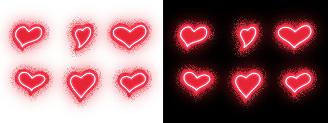 Neon Red Heart Icon Set with Sparkling Light Effect on Black and White Background