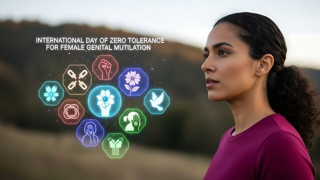 Woman supporting international day of zero tolerance for female genital mutilation campaign with awareness symbols