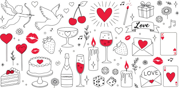 A charming hand-drawn collection of romantic doodles and love-themed elements, perfect for Valentine's Day celebrations, anniversaries, and special occasions, showcasing a delightful artistic style