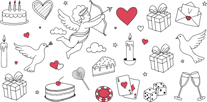 Hand-drawn collection of festive Valentine's Day elements, including romantic hearts, charming cupid, delightful gifts, sweet desserts, and celebratory objects, perfect for holiday-themed designs