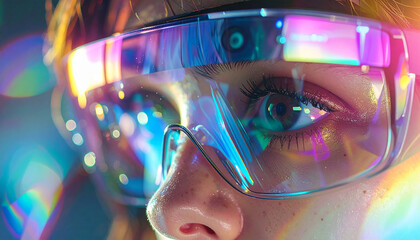 Visionary Gaze: A close-up of a person wearing futuristic augmented reality glasses, the lenses reflecting a vibrant display of colors and data, symbolizing the technological frontier. 