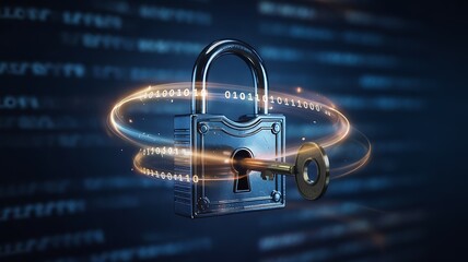 Cybersecurity Concept: Digital Padlock, Key, and Binary Code on Dark Background