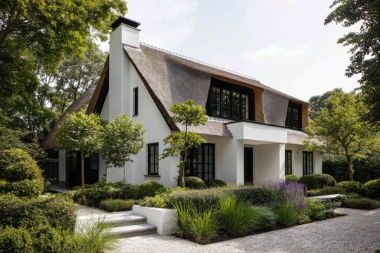 A contemporary house featuring a charming thatched roof is nestled within a vibrant green garden, surrounded by lush trees and colorful shrubs under the bright daylight