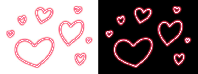 Neon Pink Floating Heart Icons Set of Various Sizes on Black and White Background
