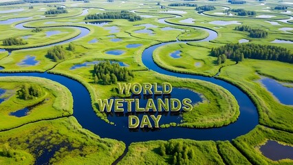 Aerial view of winding river on world wetlands day with green landscape