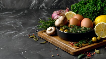 A wooden cutting board with a variety of vegetables and herbs, including mushrooms, parsley, and lemon slices