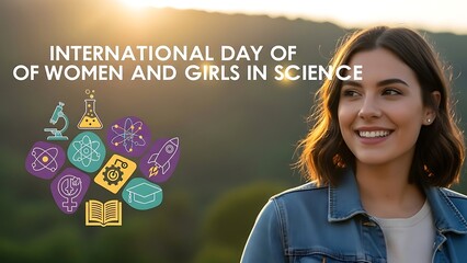 Smiling woman celebrating international day of women and girls in science with colorful science icons