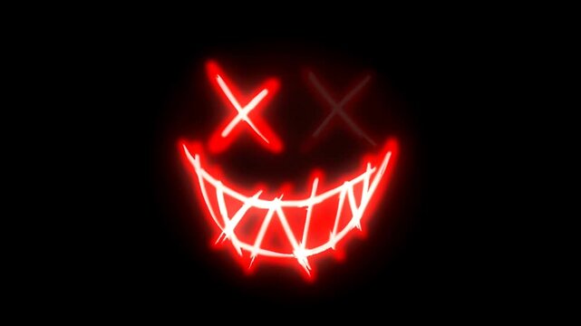 Glowing red neon evil smile face with cross eyes on dark background, scary horror animation loop abstract light effect