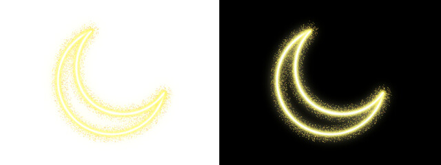 Neon Yellow Crescent Moon Ramadan Icon with Sparkling Light Glow on Black and White Background