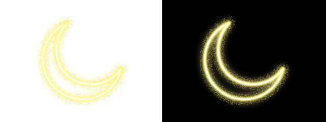 Neon Yellow Crescent Moon Ramadan Icon with Sparkling Light Glow on Black and White Background