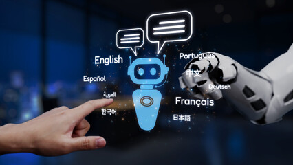 A futuristic scene featuring a robot with speech bubbles in various languages, symbolizing advanced communication technology and user interaction. Synapse