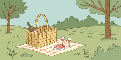 Romantic Picnic in Lush Green Park with Finger Foods and Wine