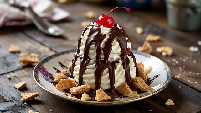 Decadent Whipped Cream and Chocolate Dessert with Waffle Pieces & Cherry on Plate