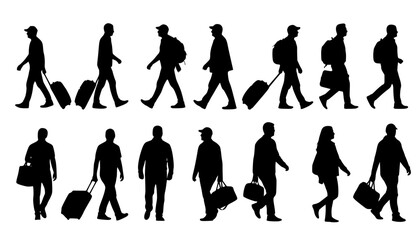 silhouettes of people walking , Silhouettes of people walking with luggage and bags travel on transparent background , no background
