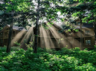 Serene Forest Retreat with Sunlight Filtering Through Trees