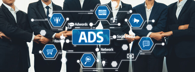 A professional business team engaged in collaborative advertising efforts, featuring digital marketing visuals and icons that represent different marketing strategies and technologies. Amity