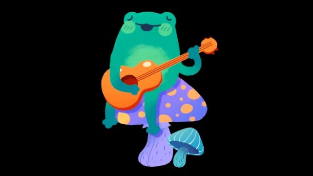 Cute cartoon frog playing guitar while sitting on colorful mushrooms, fun animated character on dark background