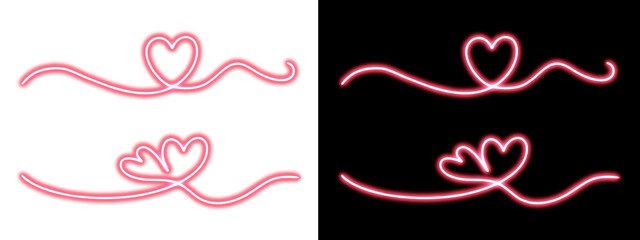 Neon Pink Heart Divider Lines and Continuous Line Art Set on Black and White Background