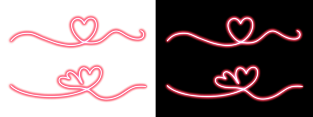 Neon Pink Heart Divider Lines and Continuous Line Art Set on Black and White Background