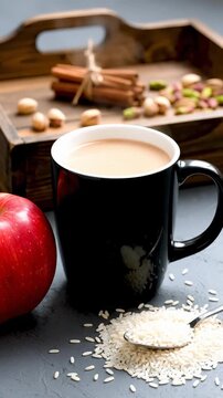 Cozy beverage scene with steaming cup of tea. Fresh apple, rice grains, and spices create warm atmosphere. Ingredients arranged on rustic wooden tray. Ideal for autumn decor.