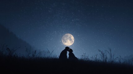 A couple sharing a kiss under a starry night sky, silhouetted against the moon, magical atmosphere, deep blue tones, 8k, realistic, full ultra HD, high resolution, cinematic photography