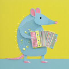 Cute Blue Armadillo Playing Accordion on Yellow Background