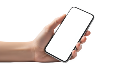 A hand holding a smartphone with a blank white screen isolated on transparent background