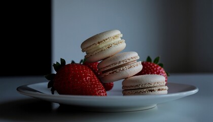 マカロンとイチゴの春スイーツ &mdash; コピースペースのある可憐なイメージ  
Spring Sweets with Macarons and Strawberries &mdash; Delicate Image with Copy Space
