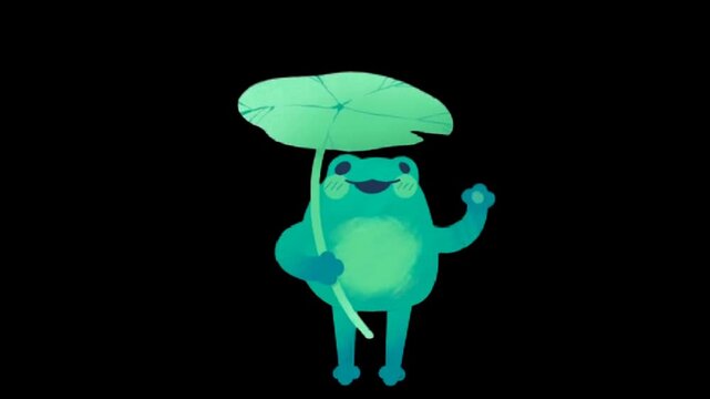 Cute glowing cartoon frog holding leaf umbrella on dark background, playful fantasy animation loop for kids design art