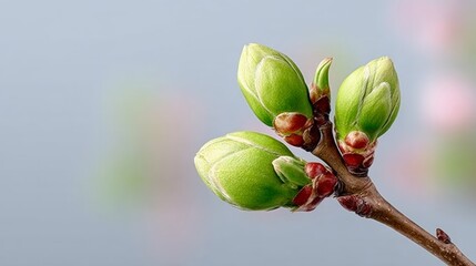 A branch with green buds and red tips. The branch is the main focus of the image, and it is in the middle of a tree