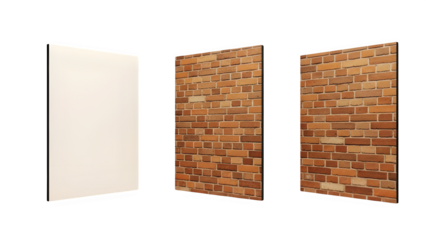 Three rectangular panels isolated on transparent background showcasing white and brick textures
