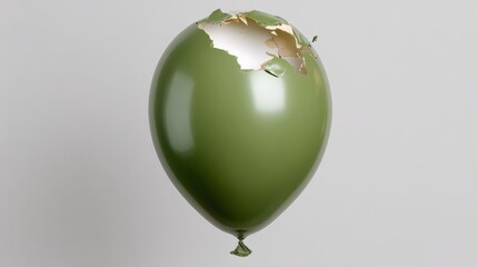 A green balloon with a hole in it. The balloon is floating in the air