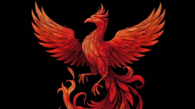Vibrant fiery phoenix illustration with spread wings, a mythical bird symbolizing rebirth, immortality, and power.