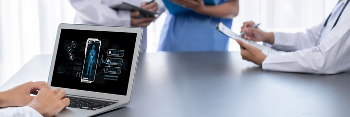 Medical science technology and futuristic healthcare virtual computer software analyze human health and diagnose disease for doctor data and medical research. brisk