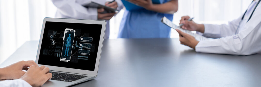 Medical science technology and futuristic healthcare virtual computer software analyze human health and diagnose disease for doctor data and medical research. brisk - Powered by Adobe