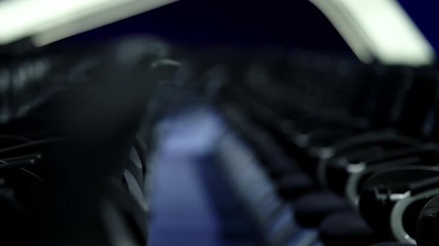 Silent rows of empty auditorium seats under moody low-light, armrests aligned in repeating patterns with soft bokeh, capturing the quiet anticipation of an unfilled venue.