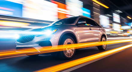 Silver suv driving quickly through a neon lit city street at night creating dramatic light trails with bright headlights illuminating the dark road ahead