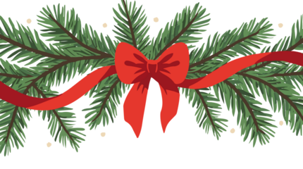 illustration of pine tree branches with lush green needles and brown trunks, adorned with a vibrant red bow and flowing ribbons, in  ong Transparent 