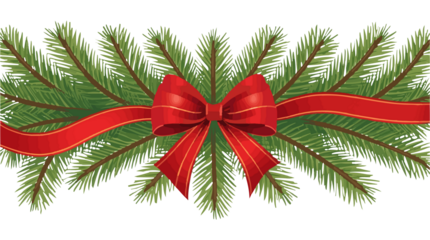 llustration of pine tree branches with lush green needles and brown trunks, adorned with a vibrant red bow and flowing ribbons, in png Transparent 