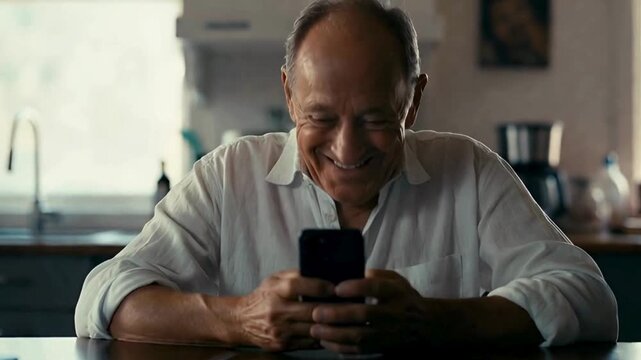 An elder man with a serene expression, engrossed in his mobile phone, creating a warm, intimate portrayal of contemporary life. The setting, with soft natural light.